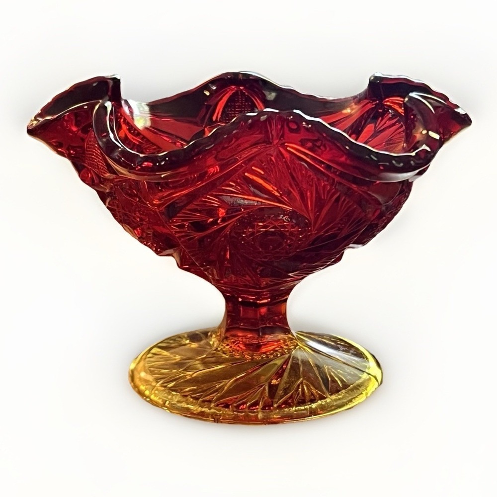 Vintage Ruby Red Amberina Glass Pedestal Compote Ruffled Candy Dish